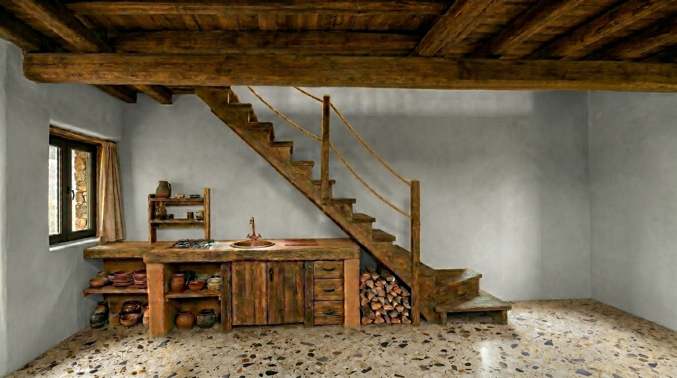 Interior escalera y cocina